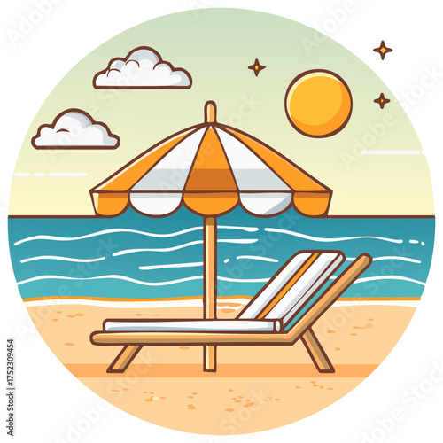 Cartoon scene of a beach with a beach chair and umbrella under a warm sun in summer time