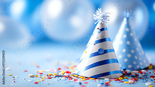 Colorful party hats on a table covered in confetti, celebrating a festive occasion with blue balloons in the background.