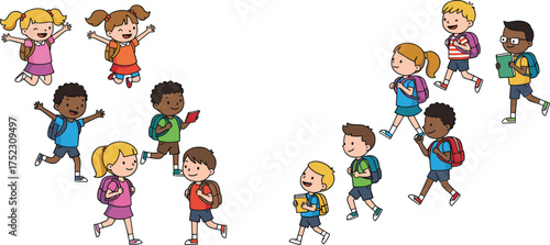 Cartoon children walking and running with backpacks and books, school commute scene, white background, cheerful educational activity illustration