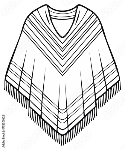 Traditional Poncho Outline Illustration with Fringe and Chevron Pattern Simple Line Art