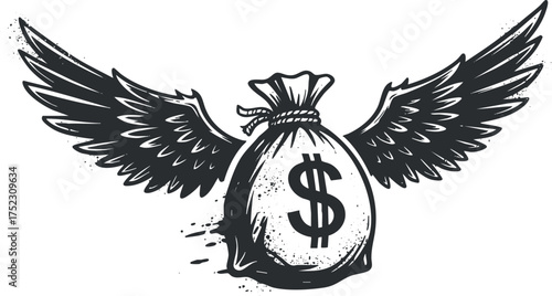 Illustration of a money bag with wings symbolizing financial freedom and prosperity.