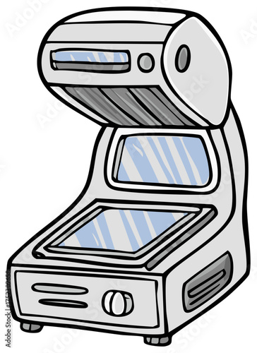 Retro Style Cartoon Tanning Bed Solarium Machine for Beauty and Wellness Illustration