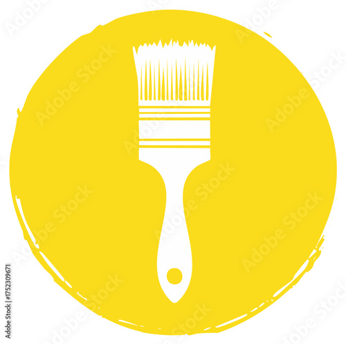 White paint brush silhouette centered within a rough yellow circle graphic icon