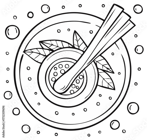 Top Down Line Art Illustration of a Food Bowl with Lemongrass and Spoon
