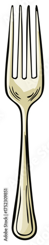 Cartoon Illustration of a Metal Fork with Four Tines Utensil for Food Dining