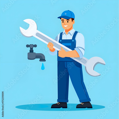 A cheerful plumber or repairman in a blue uniform (overalls and cap) stands holding a massive oversized wrench. A dripping faucet/tap is shown to his left, with a single drop of water falling.