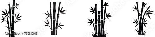 Four traditional ink wash style bamboo stalks and leaves in black and white with a natural feel silhouette