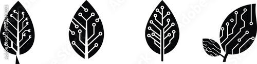 Collection of stylized dark leaf outlines with intricate internal vein patterns and subtle dotted textures representing nature growth patterns and organic design elements silhouette