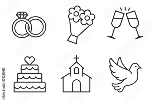 Wedding icons: rings, bouquet, champagne, cake, church, dove symbols