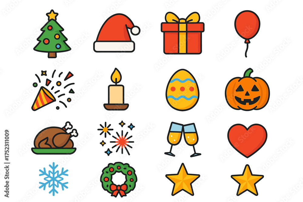 Fototapeta premium Festive holiday icons: christmas, easter, halloween, and more celebration symbols