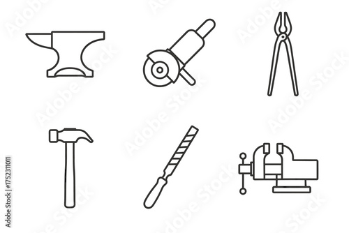 Collection of blacksmith tools: anvil, hammer, pliers, grinder, file, vise