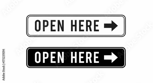 A set of black and white Open Here signs with a directional arrow for packaging instructions, a clean vector illustration