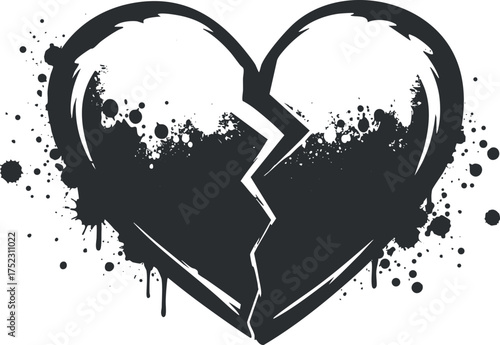 A stylized illustration of a broken heart with a grunge texture and ink splashes.