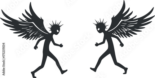 Two silhouetted figures with wings in motion, representing freedom and creativity.