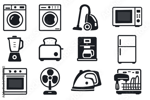 Silhouette icons of common household appliances for modern kitchens