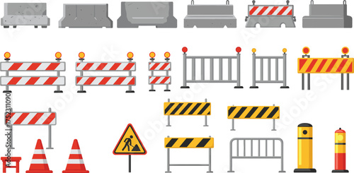 Construction barriers, traffic cones, road safety signs, warning objects, blockade elements, vector illustration set, caution equipment, flat design, public works