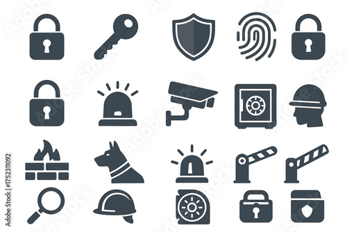 Security icons: lock, key, shield, fingerprint, camera, safe, alarm set