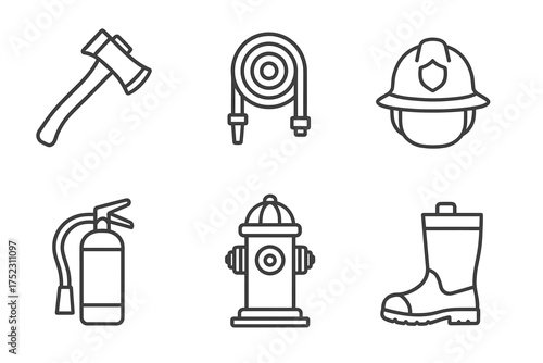 Firefighter equipment icons: axe, hose, helmet, extinguisher, hydrant, boot