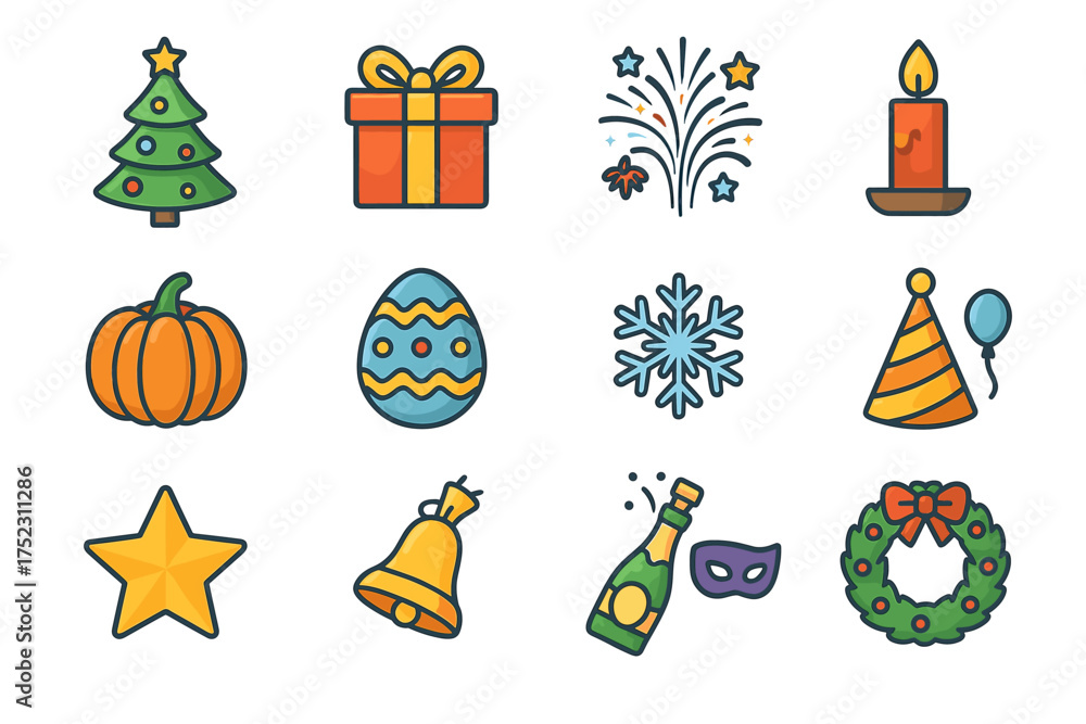 Fototapeta premium Festive holiday icons: christmas, halloween, easter, new year, celebration elements