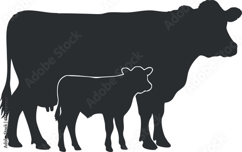Silhouette of a cow with a calf representing livestock and farm life in agriculture.