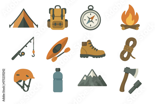 Camping adventure essentials: tent, backpack, compass, and outdoor gear icons