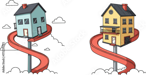 Cartoon elevated houses with spiral red slides and whimsical architecture, playful sky scene with clouds, white background, fantasy illustration