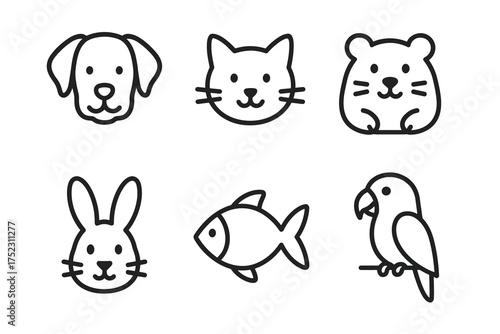 Outline design of cute animals: dog, cat, hamster, rabbit, fish, parrot