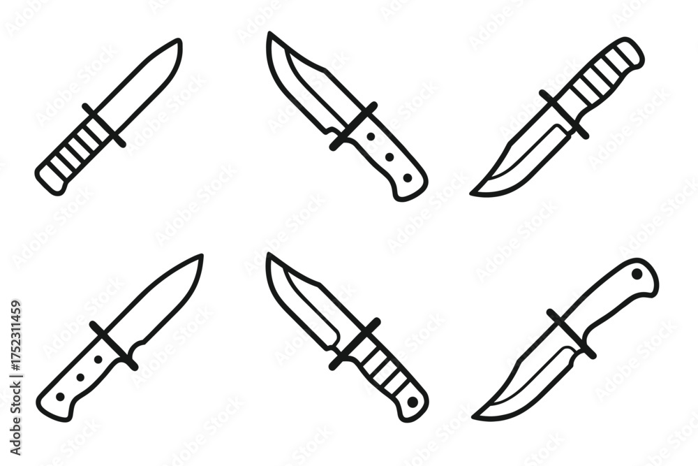 Obraz premium Set of six hand-drawn knife outlines on a white background