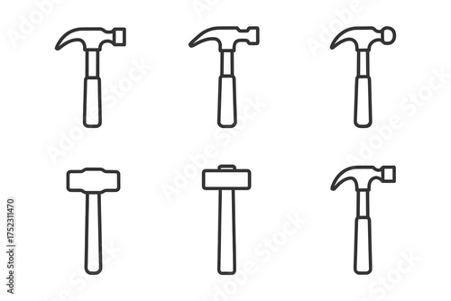 Variety of hammers: simple line art illustrations depicting different hammer types