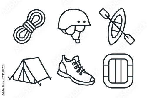 Outdoor adventure icons: rope, helmet, kayak, tent, shoe, raft