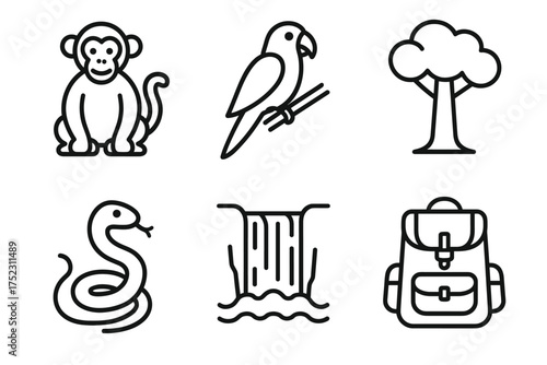 Jungle adventure icons: monkey, parrot, tree, snake, waterfall, backpack