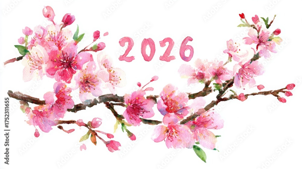 Naklejka premium Ume blossoms forming 2026 number in watercolor