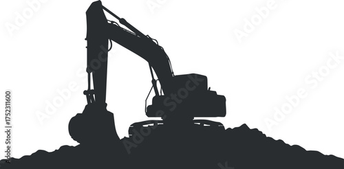 Silhouette of an excavator digging on a construction site against a white background