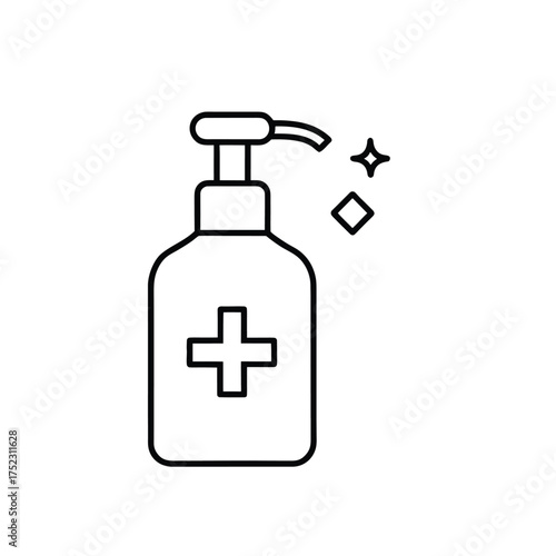 Minimalist Line Art of Sanitizer Pump Bottle with Sparkles – Black and White Hygiene Illustration for Health Safety, Cleaning Products, and Sanitation Design