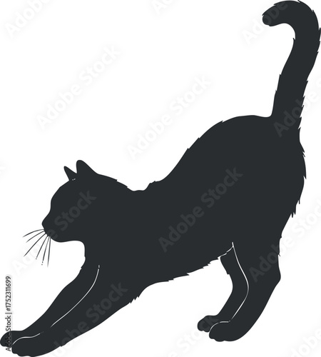 A playful silhouette of a cat stretching gracefully with its tail raised.