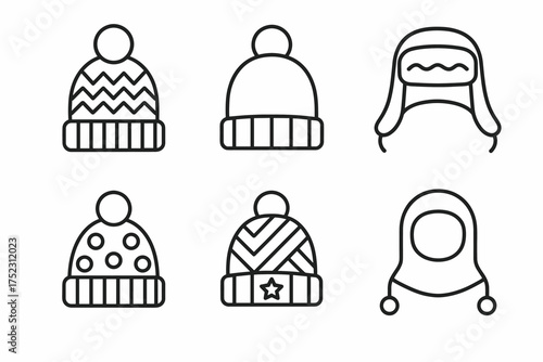 Set of winter hat icons in various styles and designs