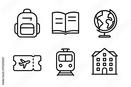 Education and travel icons: backpack, book, globe, ticket, train, building