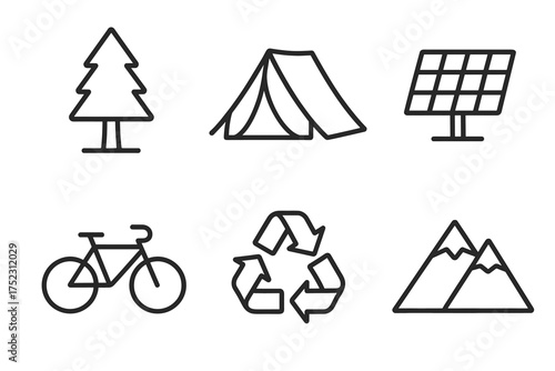 Eco-friendly symbols: tree, tent, solar panel, bike, recycling, mountains