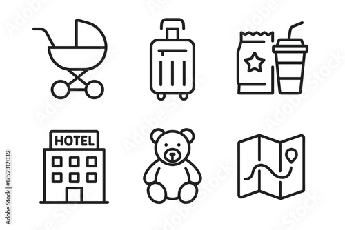 Travel and family outing icons: stroller, suitcase, snacks, hotel, teddy bear, map