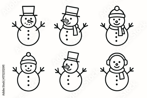 Outline of six snowmen with various hats and scarves in black and white