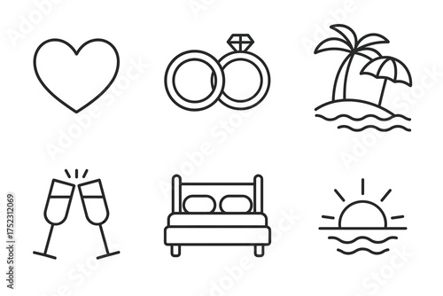 Romantic symbols: heart, rings, island, champagnes, bed, sunset icons