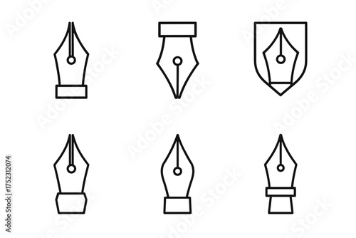 Set of six fountain pen nib icons in black outline style for writing and design