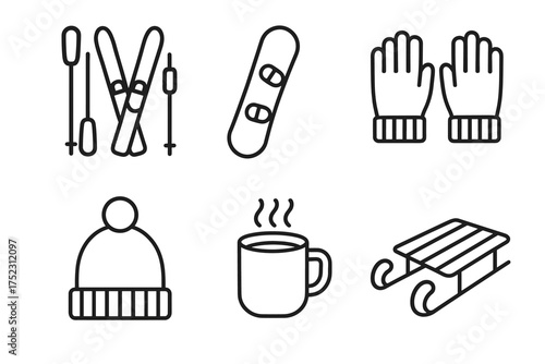 Winter sports icons: ski, snowboard, gloves, hat, mug, sled