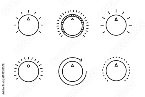 Minimalist knob icons with various controls and indicators in line art style