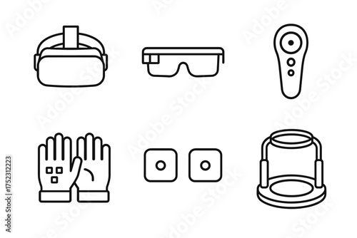 Virtual reality gadgets: headset, glasses, controller, gloves, sensors, station