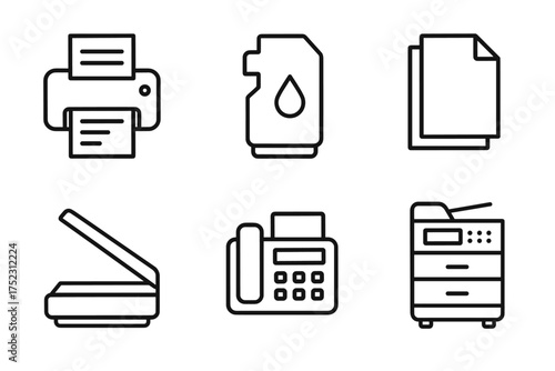 Office equipment icons: printer, ink, paper, scanner, fax, copier line art