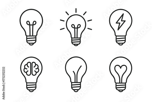 Set of six minimalist light bulb icon designs with creative elements