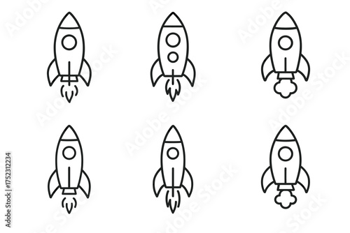 Set of six rocket icons in various launch stages on white background