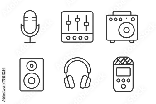 Audio equipment icons: microphone, mixer, amplifier, speaker, headphones, recorder