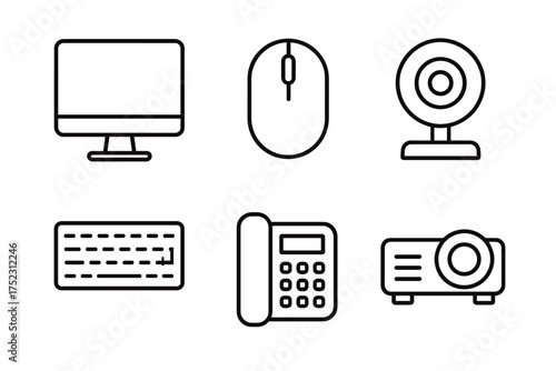 Computer and office equipment icons: monitor, mouse, webcam, keyboard, phone, projector